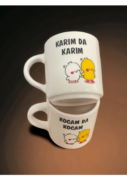 Artistic Quality Dekoratif Karımda Karım Kocamda Kocam Baskılı Çay Kahve Fincanı-Kupa-Mug 2 Adet