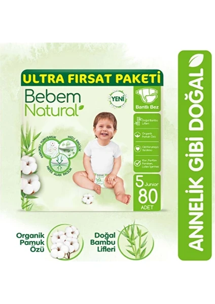 Bebem Natural Ultra Fırsat Paketi 5 Beden Junior 80 Adet Bebek Bezi