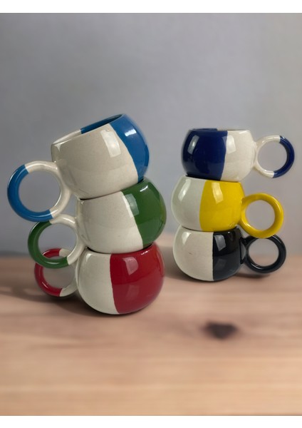 Dekoratif El Işlemesi, Şık Dekorlu 6 Kişilik Kupa-Mug, Çay ve Kahve Fincanı