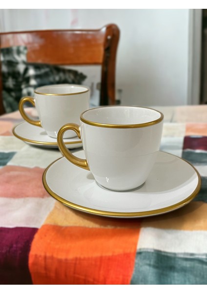Dekoratif Şık Tasarım Beyaz Altın Yaldızlı 2 Kişilik Porselen Kahve Fincan Seti