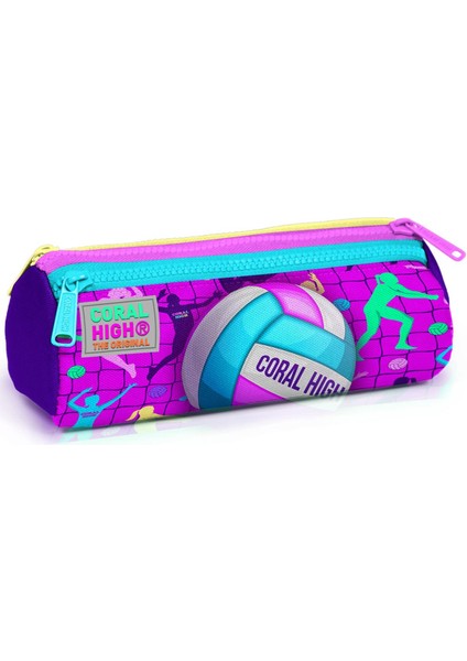 Coral High Kids Pembe Mor Voleybol Desenli Üç Bölmeli Kalem Çantası 22061