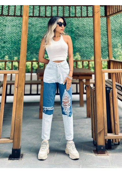 Batik Kadın Geniş Mom Jean Pantolon 1037-377 Mavi