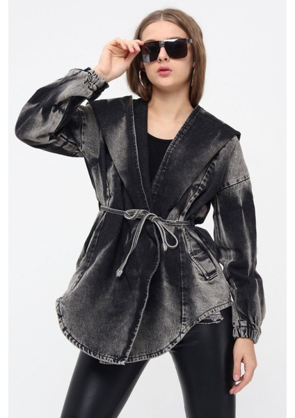 Geniş Kapişonlu Lastik Detaylı Kadın Kot Ceket 6245 Siyah