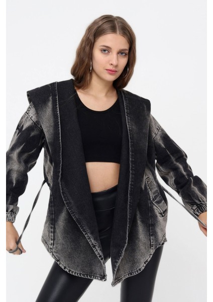 Geniş Kapişonlu Lastik Detaylı Kadın Kot Ceket 6245 Siyah fiyatları