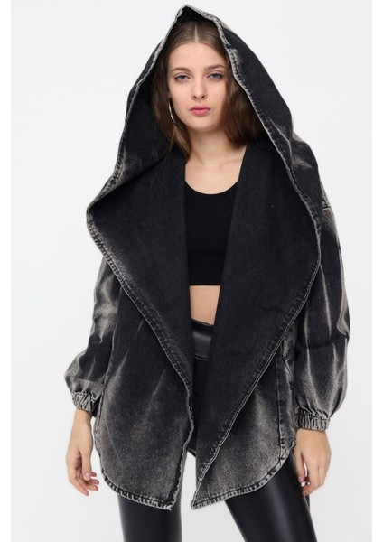 Geniş Kapişonlu Lastik Detaylı Kadın Kot Ceket 6245 Siyah modelleri
