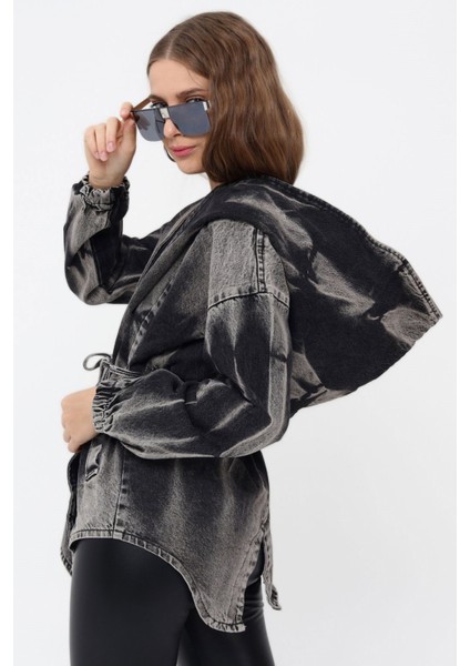 Geniş Kapişonlu Lastik Detaylı Kadın Kot Ceket 6245 Siyah fırsatları