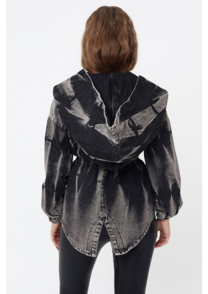 Geniş Kapişonlu Lastik Detaylı Kadın Kot Ceket 6245 Siyah indirimleri