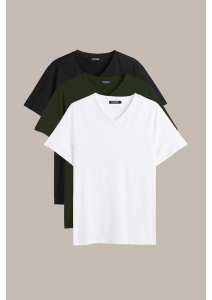 Erkek Çok Renkli T- Shirt Regular Fit Rahat Kesim V Yaka 3'lü Basic Tişört Paketi