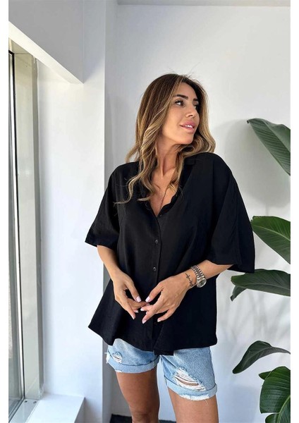 Kadın Krınkıl Kumaş Siyah Salaş Gömlek