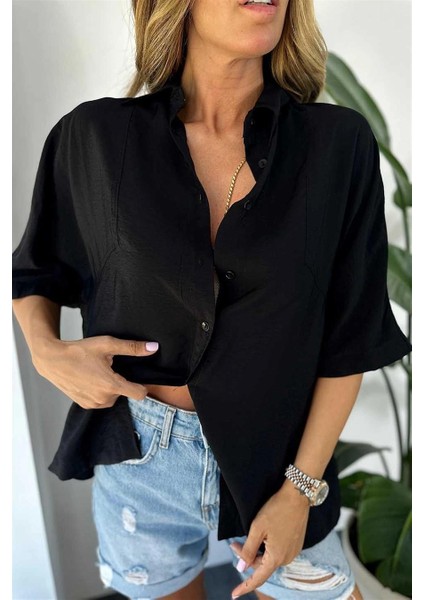 Kadın Krınkıl Kumaş Siyah Salaş Gömlek fiyatları