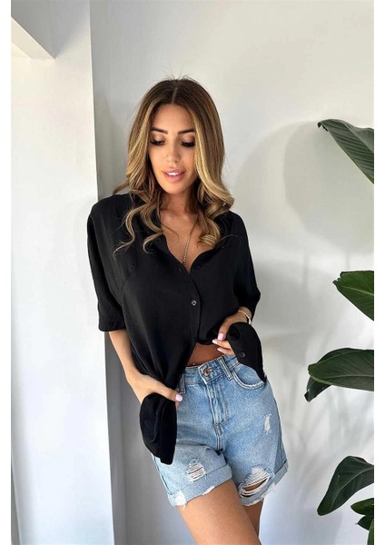 Kadın Krınkıl Kumaş Siyah Salaş Gömlek modelleri