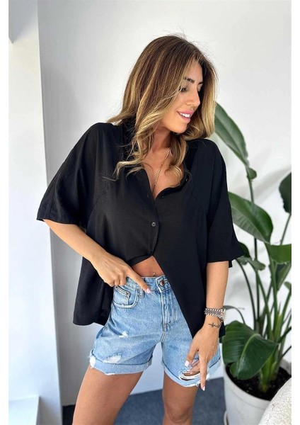 Kadın Krınkıl Kumaş Siyah Salaş Gömlek fırsatları