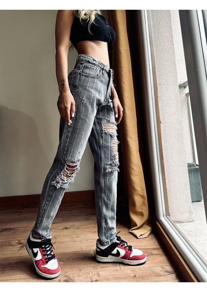 Çizgili Kadın Geniş Mom Jean Pantolon 974L Gri fiyatları