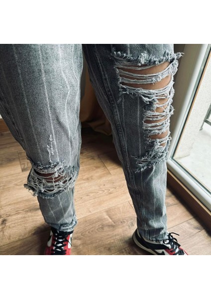 Çizgili Kadın Geniş Mom Jean Pantolon 974L Gri modelleri