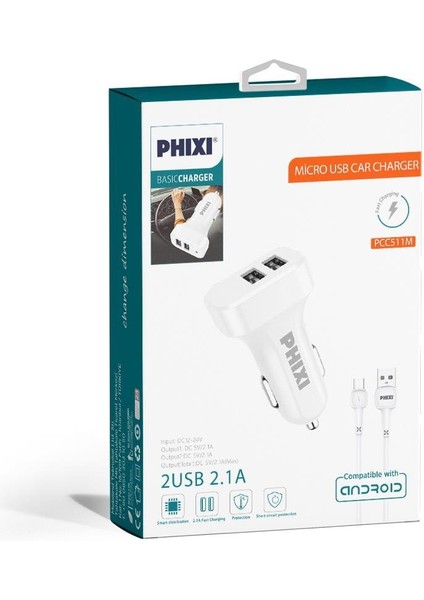 PCC511M Basic 2.1A Çift Çıkışlı Micro USB Kablolu Araç Şarj Cihazı