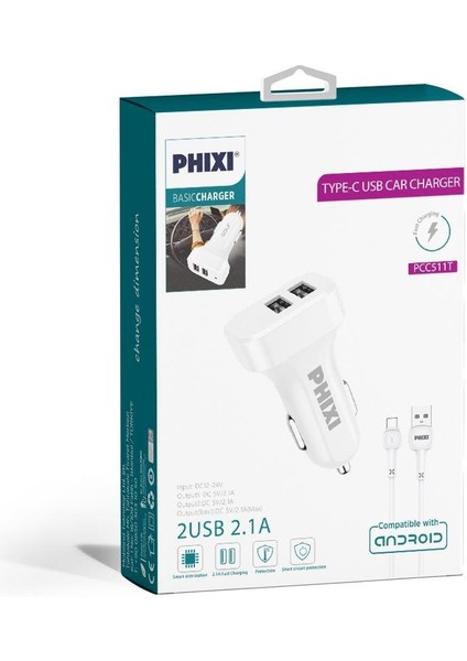 PCC511T Basic 2.1A Çift Çıkışlı Type-C USB Kablolu Araç Şarj Cihazı