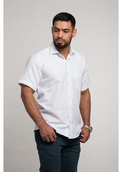 Geniş ve Rahat (Bol) Kesim Cepli Armürlü Klasik Kısa Kol Erkek Gömlek