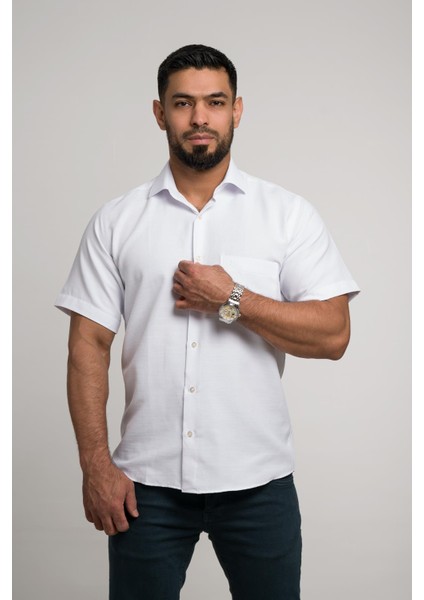 Geniş ve Rahat (Bol) Kesim Cepli Armürlü Klasik Kısa Kol Erkek Gömlek fiyatları