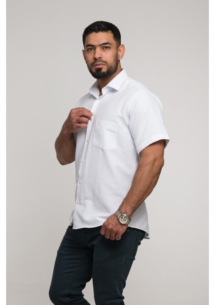 Geniş ve Rahat (Bol) Kesim Cepli Armürlü Klasik Kısa Kol Erkek Gömlek modelleri