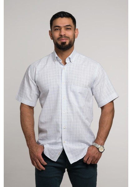 Geniş ve Rahat (Bol) Kesim Cepli Hafif Ekoseli Yaka Düğmeli Klasik Kısa Kol Gömlek modelleri