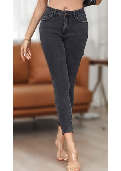 Kadın Taş Yıkamalı Siyah Kar Süper Skinny Fit Esnek Likralı Yüksek Bel Denim Jean Kot Pantolon