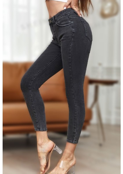 Kadın Taş Yıkamalı Siyah Kar Süper Skinny Fit Esnek Likralı Yüksek Bel Denim Jean Kot Pantolon