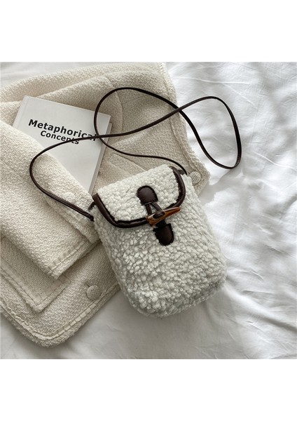 Yeni Tüylü Çanta Cep Telefonu Çantası Kontrast Renkli Basit ve Şık Tek Omuz Crossbody Küçük Çanta Kadın Sonbahar ve Kış Retro Kuzu Kadife Çanta (Yurt Dışından)