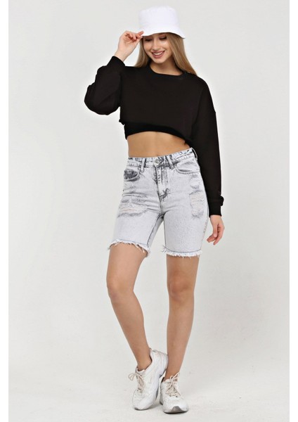 Lazer Kesim Mini Jean Kadın Şort 2430-880 Gri