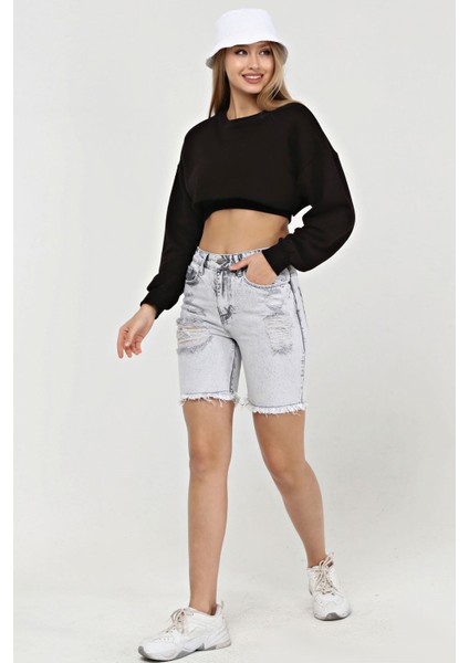 Lazer Kesim Mini Jean Kadın Şort 2430-880 Gri fiyatları