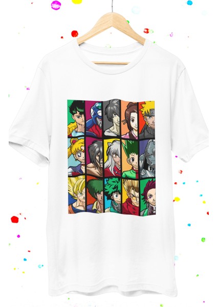 Oversize Mix Anime Characters Baskılı T-Shirt, Unisex Anime Baskılı Tişört