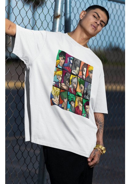 Oversize Mix Anime Characters Baskılı T-Shirt, Unisex Anime Baskılı Tişört fiyatları