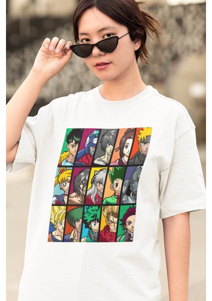 Oversize Mix Anime Characters Baskılı T-Shirt, Unisex Anime Baskılı Tişört modelleri