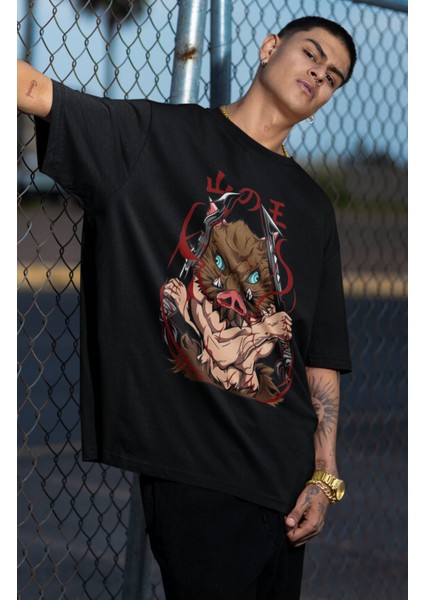 Oversize Demon Slayer Inosuke Baskılı T-Shirt, Unisex Anime Baskılı Tişört fiyatları