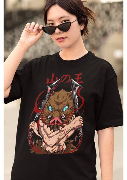 Oversize Demon Slayer Inosuke Baskılı T-Shirt, Unisex Anime Baskılı Tişört modelleri