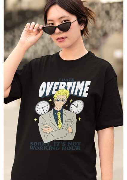 Oversize Jjk Nanami I Hate Overtime Baskılı T-Shirt, Unisex Anime Baskılı Tişört modelleri