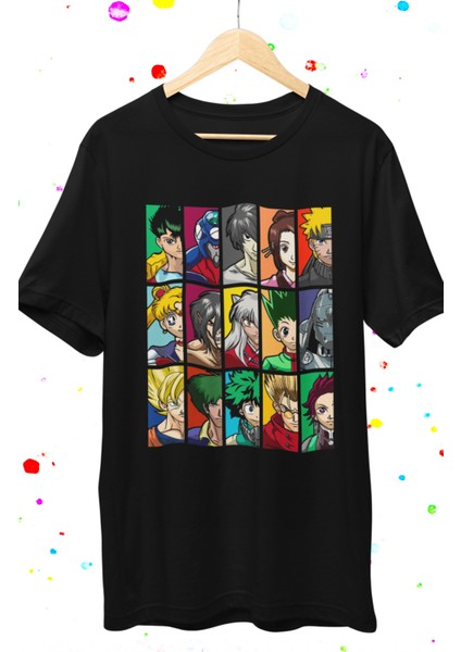 Oversize Mix Anime Characters Baskılı T-Shirt, Unisex Anime Baskılı Tişört