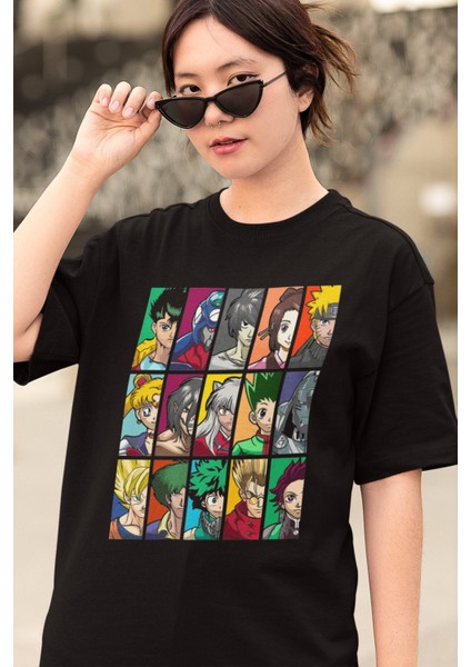 Oversize Mix Anime Characters Baskılı T-Shirt, Unisex Anime Baskılı Tişört modelleri