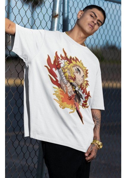 Oversize Demon Slayer Kyojuro Rengoku Baskılı T-Shirt, Unisex Anime Baskılı Tişört fiyatları