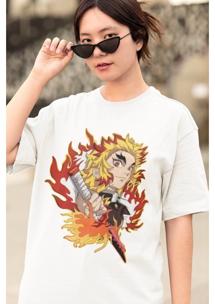 Oversize Demon Slayer Kyojuro Rengoku Baskılı T-Shirt, Unisex Anime Baskılı Tişört modelleri