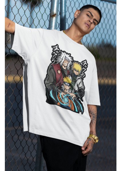 Oversize Naruto Jiraiya Minato Namikaze Baskılı T-Shirt, Unisex Anime Baskılı Tişört fiyatları