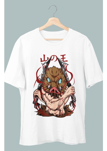 Oversize Demon Slayer Inosuke Baskılı T-Shirt, Unisex Anime Baskılı Tişört