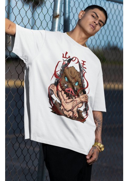 Oversize Demon Slayer Inosuke Baskılı T-Shirt, Unisex Anime Baskılı Tişört fiyatları