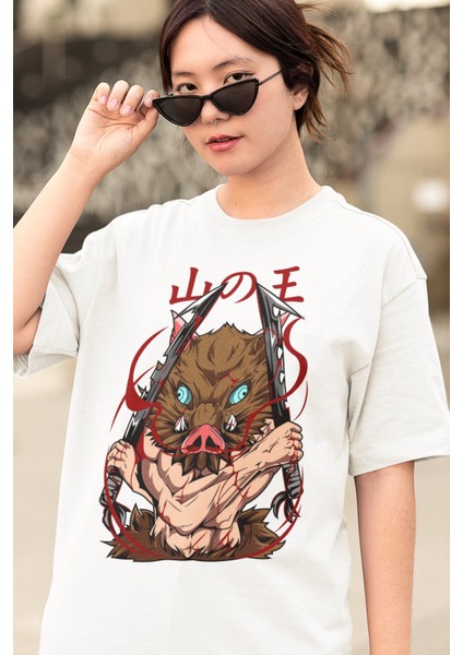 Oversize Demon Slayer Inosuke Baskılı T-Shirt, Unisex Anime Baskılı Tişört modelleri