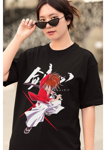 Oversize Himura Kenshin Baskılı T-Shirt, Unisex Anime Baskılı Tişört modelleri