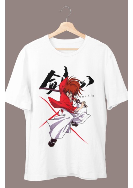 Oversize Himura Kenshin Baskılı T-Shirt, Unisex Anime Baskılı Tişört