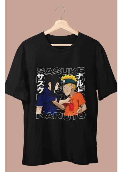 Oversize Naruto And Sasuke Baskılı T-Shirt, Unisex Anime Baskılı Tişört