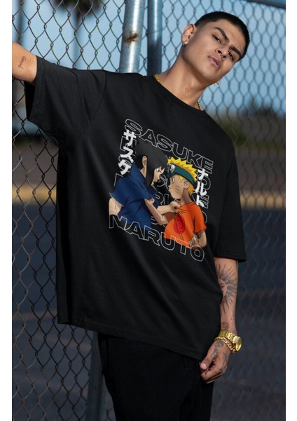 Oversize Naruto And Sasuke Baskılı T-Shirt, Unisex Anime Baskılı Tişört fiyatları