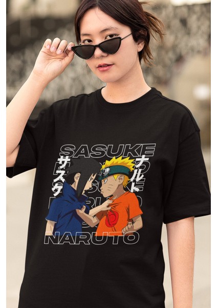 Oversize Naruto And Sasuke Baskılı T-Shirt, Unisex Anime Baskılı Tişört modelleri
