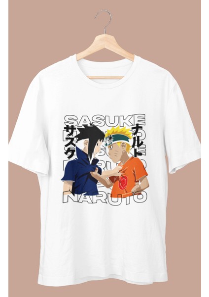 Oversize Naruto And Sasuke Baskılı T-Shirt, Unisex Anime Baskılı Tişört