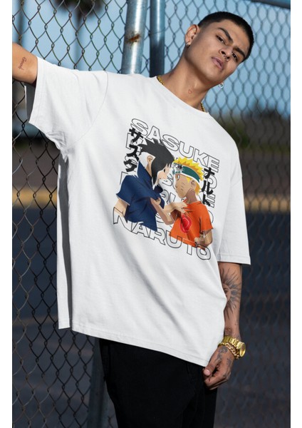 Oversize Naruto And Sasuke Baskılı T-Shirt, Unisex Anime Baskılı Tişört fiyatları
